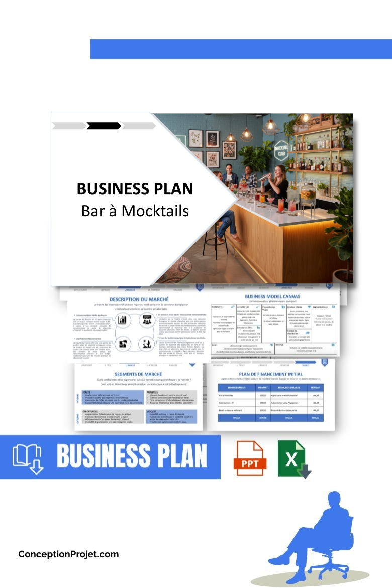 Pack Business Plan pour Bar à Mocktails - Modèle de business plan professionnel pour Bar à Mocktails, spécialement conçu pour les entrepreneurs, incluant un prévisionnel financier 100% automatisé, une stratégie marketing intégrée, ainsi qu’une analyse complète (SWOT, Business Model Canvas, étude de marché et analyse des risques). Ce document au design moderne et entièrement personnalisable sous Word est structuré pour répondre aux exigences des banques et des investisseurs, tout en permettant un gain de temps considérable grâce à son contenu pré-rédigé.