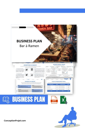 Pack Business Plan pour Bar à Ramen - Modèle de business plan professionnel pour Bar à Ramen, spécialement conçu pour les entrepreneurs, incluant un prévisionnel financier 100% automatisé, une stratégie marketing intégrée, ainsi qu’une analyse complète (SWOT, Business Model Canvas, étude de marché et analyse des risques). Ce document au design moderne et entièrement personnalisable sous Word est structuré pour répondre aux exigences des banques et des investisseurs, tout en permettant un gain de temps considérable grâce à son contenu pré-rédigé.