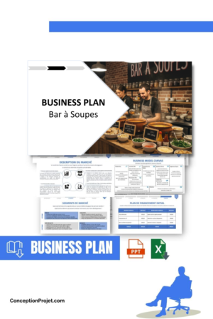 Pack Business Plan pour Bar à Soupes - Modèle de business plan professionnel pour Bar à Soupes, spécialement conçu pour les entrepreneurs, incluant un prévisionnel financier 100% automatisé, une stratégie marketing intégrée, ainsi qu’une analyse complète (SWOT, Business Model Canvas, étude de marché et analyse des risques). Ce document au design moderne et entièrement personnalisable sous Word est structuré pour répondre aux exigences des banques et des investisseurs, tout en permettant un gain de temps considérable grâce à son contenu pré-rédigé.