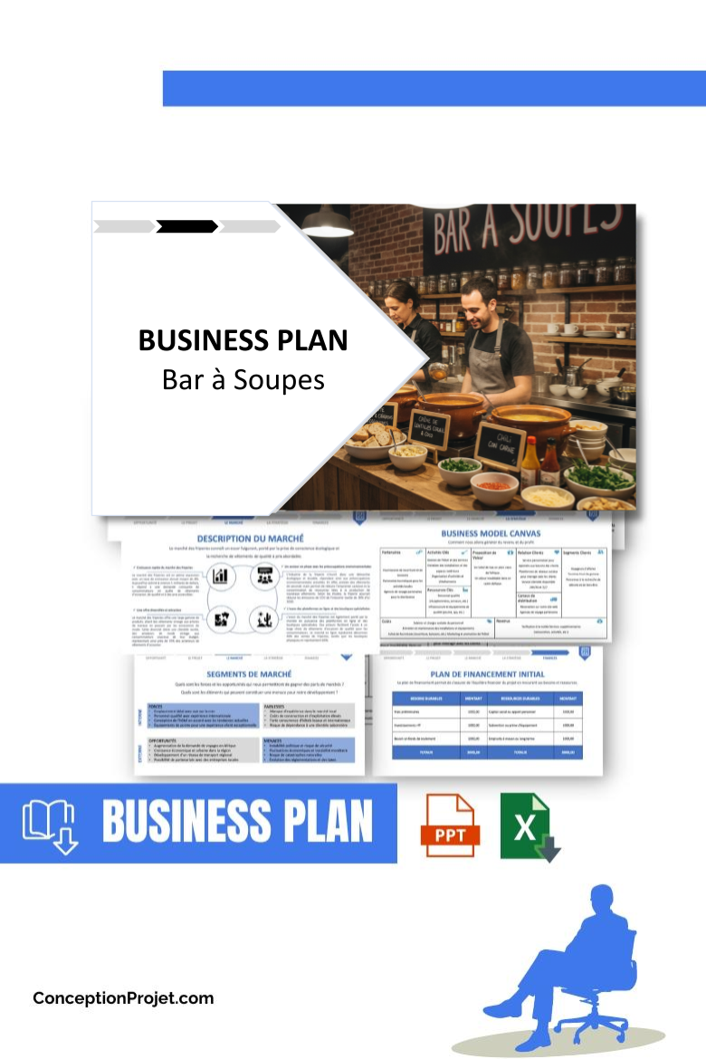 Pack Business Plan pour Bar à Soupes - Modèle de business plan professionnel pour Bar à Soupes, spécialement conçu pour les entrepreneurs, incluant un prévisionnel financier 100% automatisé, une stratégie marketing intégrée, ainsi qu’une analyse complète (SWOT, Business Model Canvas, étude de marché et analyse des risques). Ce document au design moderne et entièrement personnalisable sous Word est structuré pour répondre aux exigences des banques et des investisseurs, tout en permettant un gain de temps considérable grâce à son contenu pré-rédigé.