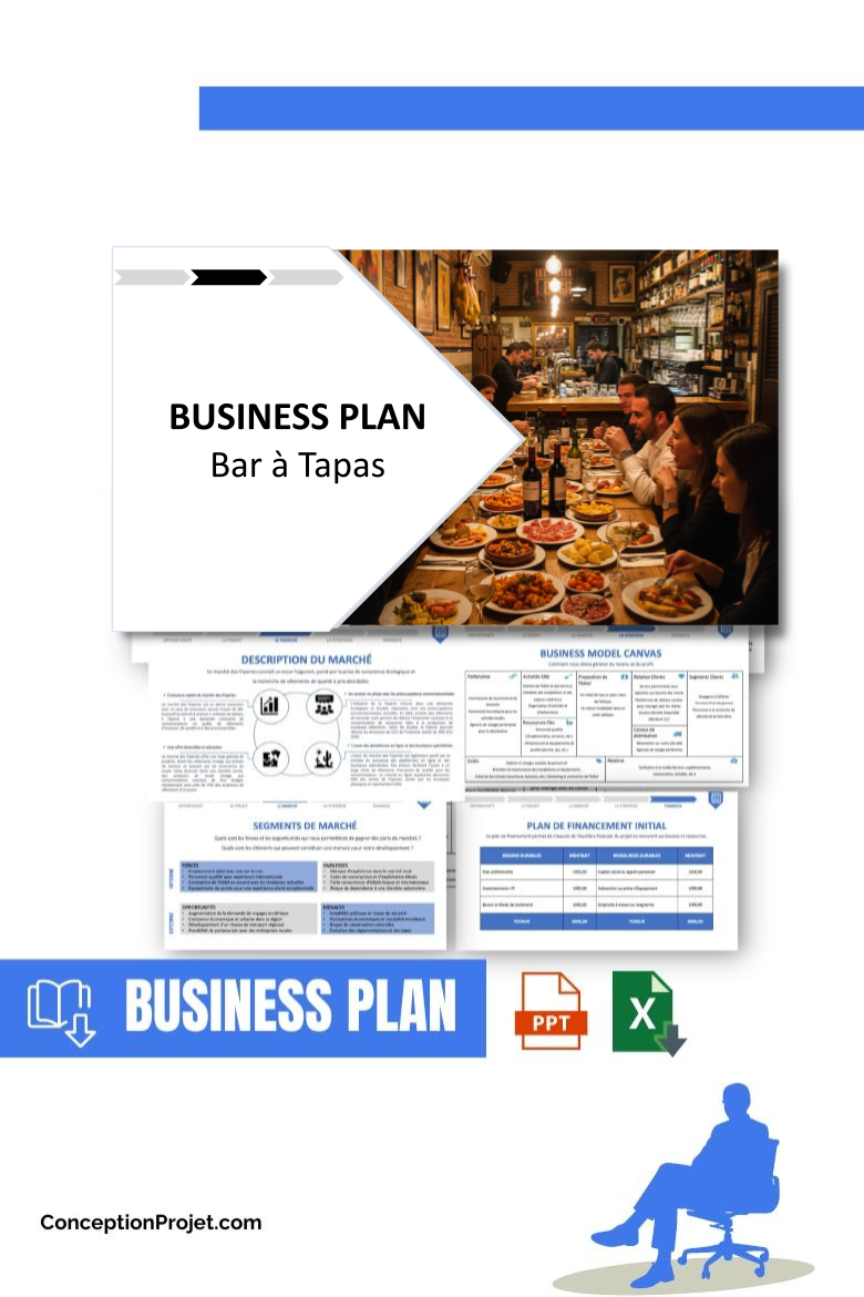 Pack Business Plan pour Bar à Tapas - Modèle de business plan professionnel pour Bar à Tapas, spécialement conçu pour les entrepreneurs, incluant un prévisionnel financier 100% automatisé, une stratégie marketing intégrée, ainsi qu’une analyse complète (SWOT, Business Model Canvas, étude de marché et analyse des risques). Ce document au design moderne et entièrement personnalisable sous Word est structuré pour répondre aux exigences des banques et des investisseurs, tout en permettant un gain de temps considérable grâce à son contenu pré-rédigé.