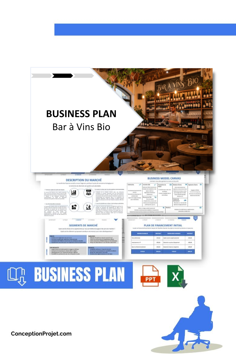 Pack Business Plan pour Bar à Vins Bio - Modèle de business plan professionnel pour Bar à Vins Bio, spécialement conçu pour les entrepreneurs, incluant un prévisionnel financier 100% automatisé, une stratégie marketing intégrée, ainsi qu’une analyse complète (SWOT, Business Model Canvas, étude de marché et analyse des risques). Ce document au design moderne et entièrement personnalisable sous Word est structuré pour répondre aux exigences des banques et des investisseurs, tout en permettant un gain de temps considérable grâce à son contenu pré-rédigé.