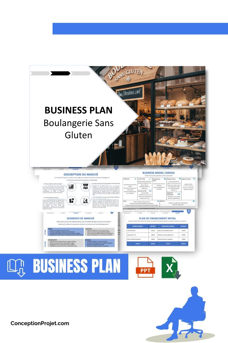 Pack Business Plan pour Boulangerie Sans Gluten - Modèle de business plan professionnel pour Boulangerie Sans Gluten, spécialement conçu pour les entrepreneurs, incluant un prévisionnel financier 100% automatisé, une stratégie marketing intégrée, ainsi qu’une analyse complète (SWOT, Business Model Canvas, étude de marché et analyse des risques). Ce document au design moderne et entièrement personnalisable sous Word est structuré pour répondre aux exigences des banques et des investisseurs, tout en permettant un gain de temps considérable grâce à son contenu pré-rédigé.
