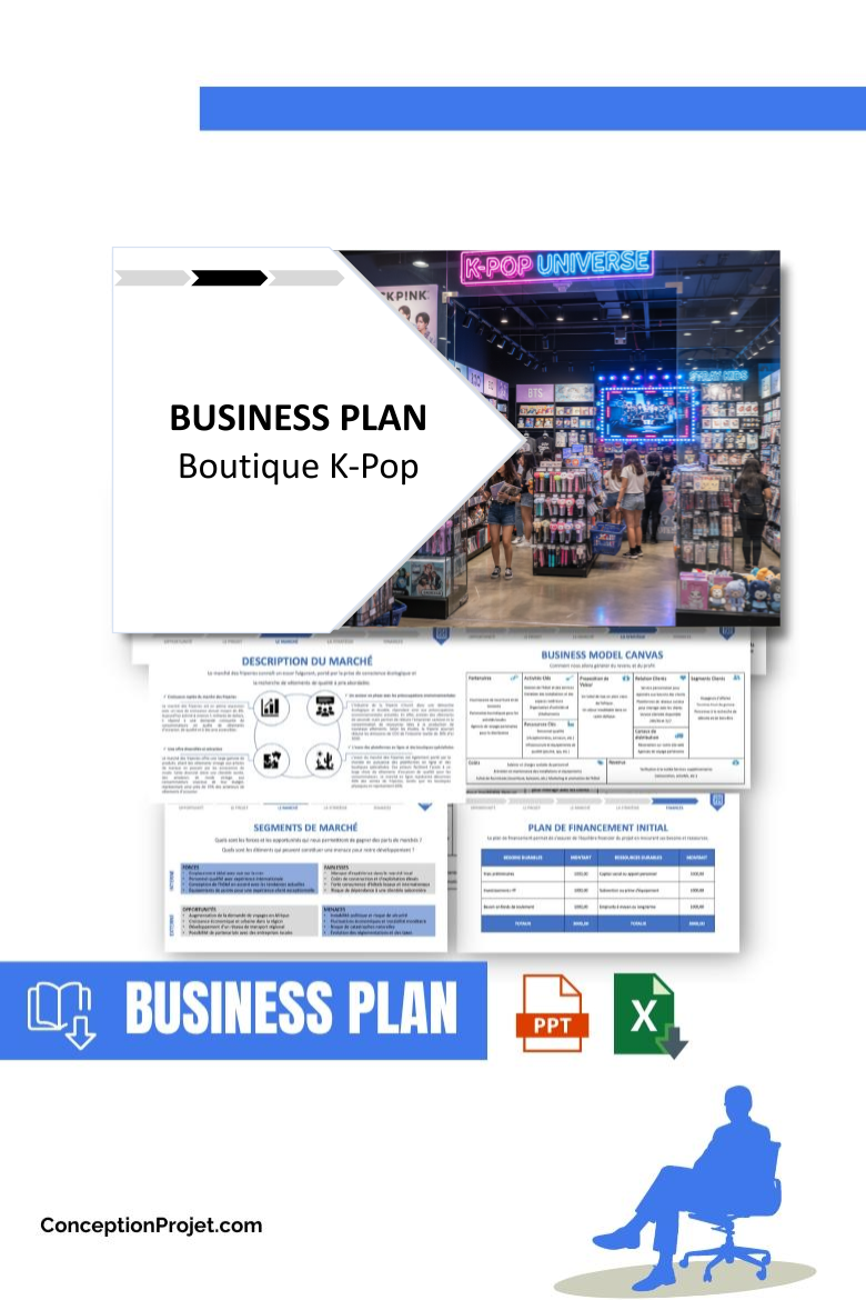 Pack Business Plan pour Boutique K-Pop - Modèle de business plan professionnel pour Boutique K-Pop, spécialement conçu pour les entrepreneurs, incluant un prévisionnel financier 100% automatisé, une stratégie marketing intégrée, ainsi qu’une analyse complète (SWOT, Business Model Canvas, étude de marché et analyse des risques). Ce document au design moderne et entièrement personnalisable sous Word est structuré pour répondre aux exigences des banques et des investisseurs, tout en permettant un gain de temps considérable grâce à son contenu pré-rédigé.