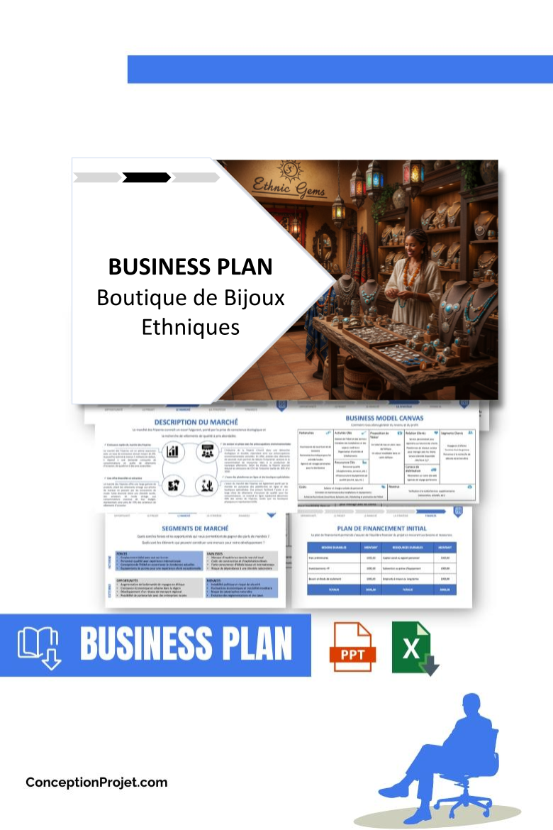 Pack Business Plan pour Boutique de Bijoux Ethniques - Modèle de business plan professionnel pour Boutique de Bijoux Ethniques, spécialement conçu pour les entrepreneurs, incluant un prévisionnel financier 100% automatisé, une stratégie marketing intégrée, ainsi qu’une analyse complète (SWOT, Business Model Canvas, étude de marché et analyse des risques). Ce document au design moderne et entièrement personnalisable sous Word est structuré pour répondre aux exigences des banques et des investisseurs, tout en permettant un gain de temps considérable grâce à son contenu pré-rédigé.