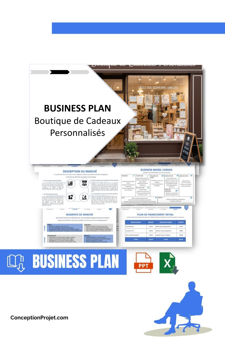 Pack Business Plan pour Boutique de Cadeaux Personnalisés - Modèle de business plan professionnel pour Boutique de Cadeaux Personnalisés, spécialement conçu pour les entrepreneurs, incluant un prévisionnel financier 100% automatisé, une stratégie marketing intégrée, ainsi qu’une analyse complète (SWOT, Business Model Canvas, étude de marché et analyse des risques). Ce document au design moderne et entièrement personnalisable sous Word est structuré pour répondre aux exigences des banques et des investisseurs, tout en permettant un gain de temps considérable grâce à son contenu pré-rédigé.