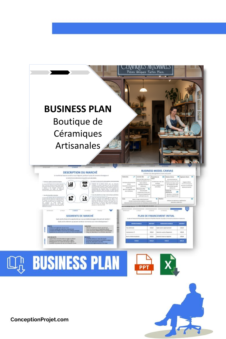 Pack Business Plan pour Boutique de Céramiques Artisanales - Modèle de business plan professionnel pour Boutique de Céramiques Artisanales, spécialement conçu pour les entrepreneurs, incluant un prévisionnel financier 100% automatisé, une stratégie marketing intégrée, ainsi qu’une analyse complète (SWOT, Business Model Canvas, étude de marché et analyse des risques). Ce document au design moderne et entièrement personnalisable sous Word est structuré pour répondre aux exigences des banques et des investisseurs, tout en permettant un gain de temps considérable grâce à son contenu pré-rédigé.