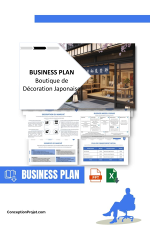 Pack Business Plan pour Boutique de Décoration Japonaise - Modèle de business plan professionnel pour Boutique de Décoration Japonaise, spécialement conçu pour les entrepreneurs, incluant un prévisionnel financier 100% automatisé, une stratégie marketing intégrée, ainsi qu’une analyse complète (SWOT, Business Model Canvas, étude de marché et analyse des risques). Ce document au design moderne et entièrement personnalisable sous Word est structuré pour répondre aux exigences des banques et des investisseurs, tout en permettant un gain de temps considérable grâce à son contenu pré-rédigé.