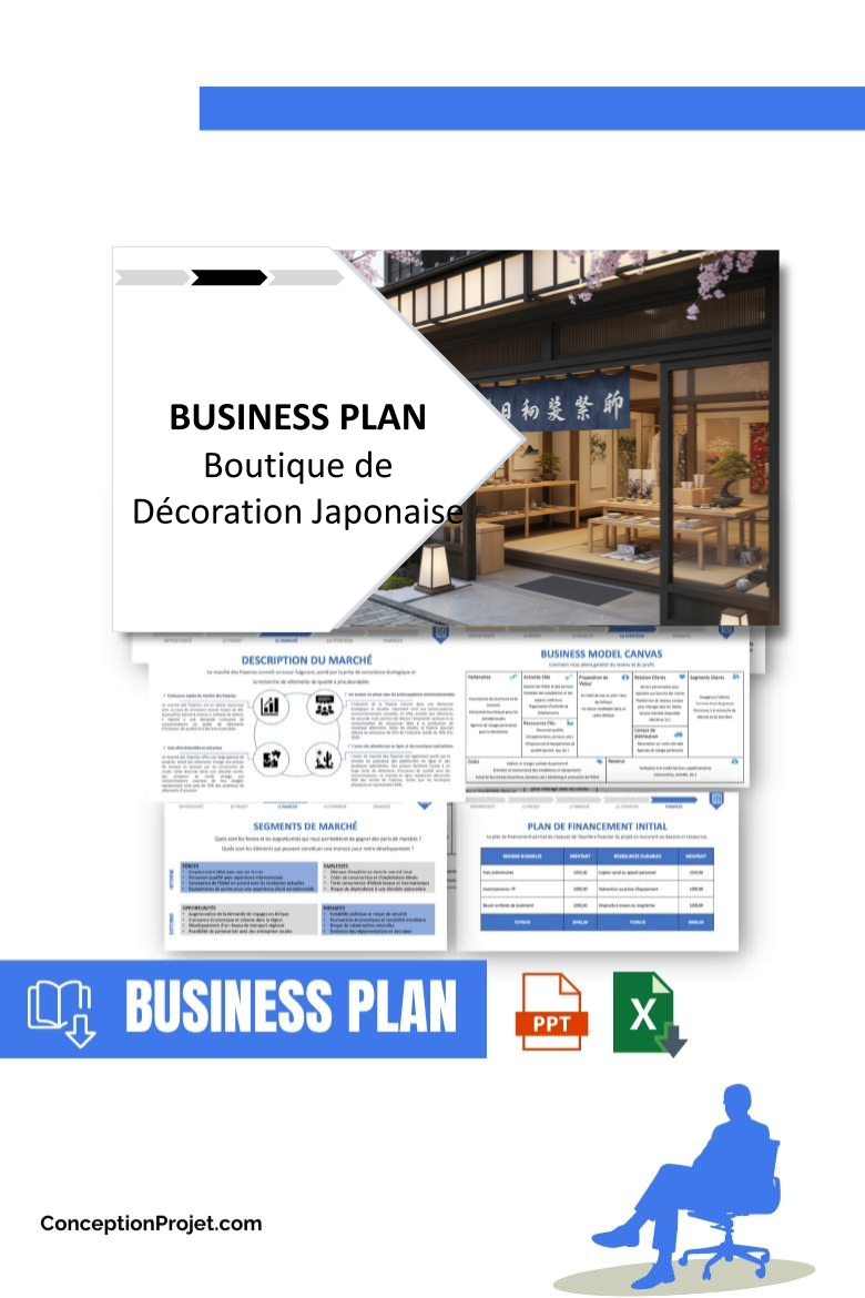 Pack Business Plan pour Boutique de Décoration Japonaise - Modèle de business plan professionnel pour Boutique de Décoration Japonaise, spécialement conçu pour les entrepreneurs, incluant un prévisionnel financier 100% automatisé, une stratégie marketing intégrée, ainsi qu’une analyse complète (SWOT, Business Model Canvas, étude de marché et analyse des risques). Ce document au design moderne et entièrement personnalisable sous Word est structuré pour répondre aux exigences des banques et des investisseurs, tout en permettant un gain de temps considérable grâce à son contenu pré-rédigé.