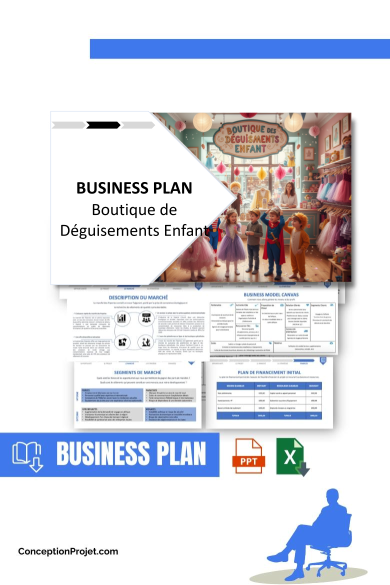 Pack Business Plan pour Boutique de Déguisements Enfant - Modèle de business plan professionnel pour Boutique de Déguisements Enfant, spécialement conçu pour les entrepreneurs, incluant un prévisionnel financier 100% automatisé, une stratégie marketing intégrée, ainsi qu’une analyse complète (SWOT, Business Model Canvas, étude de marché et analyse des risques). Ce document au design moderne et entièrement personnalisable sous Word est structuré pour répondre aux exigences des banques et des investisseurs, tout en permettant un gain de temps considérable grâce à son contenu pré-rédigé.