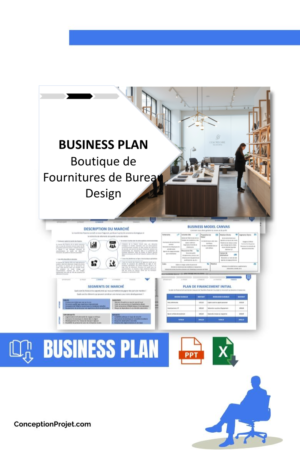 Pack Business Plan pour Boutique de Fournitures de Bureau Design - Modèle de business plan professionnel pour Boutique de Fournitures de Bureau Design, spécialement conçu pour les entrepreneurs, incluant un prévisionnel financier 100% automatisé, une stratégie marketing intégrée, ainsi qu’une analyse complète (SWOT, Business Model Canvas, étude de marché et analyse des risques). Ce document au design moderne et entièrement personnalisable sous Word est structuré pour répondre aux exigences des banques et des investisseurs, tout en permettant un gain de temps considérable grâce à son contenu pré-rédigé.