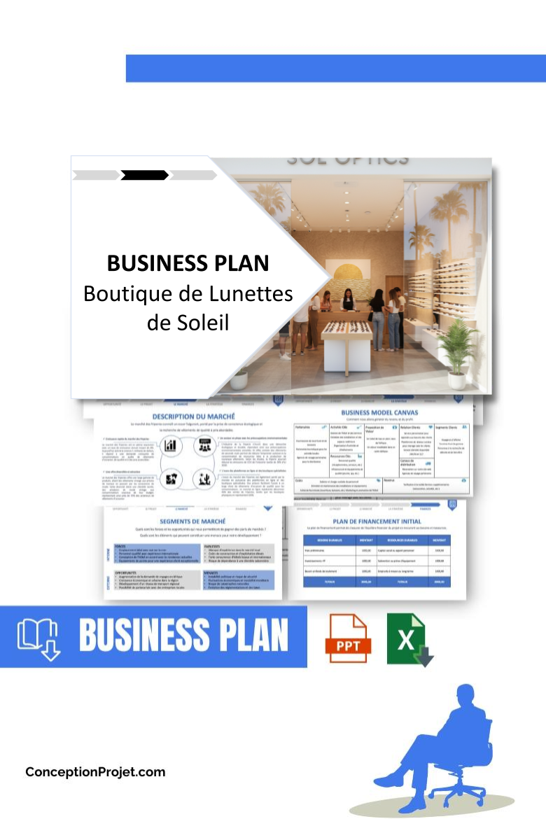 Pack Business Plan pour Boutique de Lunettes de Soleil - Modèle de business plan professionnel pour Boutique de Lunettes de Soleil, spécialement conçu pour les entrepreneurs, incluant un prévisionnel financier 100% automatisé, une stratégie marketing intégrée, ainsi qu’une analyse complète (SWOT, Business Model Canvas, étude de marché et analyse des risques). Ce document au design moderne et entièrement personnalisable sous Word est structuré pour répondre aux exigences des banques et des investisseurs, tout en permettant un gain de temps considérable grâce à son contenu pré-rédigé.