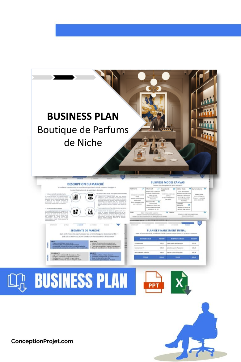 Pack Business Plan pour Boutique de Parfums de Niche - Modèle de business plan professionnel pour Boutique de Parfums de Niche, spécialement conçu pour les entrepreneurs, incluant un prévisionnel financier 100% automatisé, une stratégie marketing intégrée, ainsi qu’une analyse complète (SWOT, Business Model Canvas, étude de marché et analyse des risques). Ce document au design moderne et entièrement personnalisable sous Word est structuré pour répondre aux exigences des banques et des investisseurs, tout en permettant un gain de temps considérable grâce à son contenu pré-rédigé.