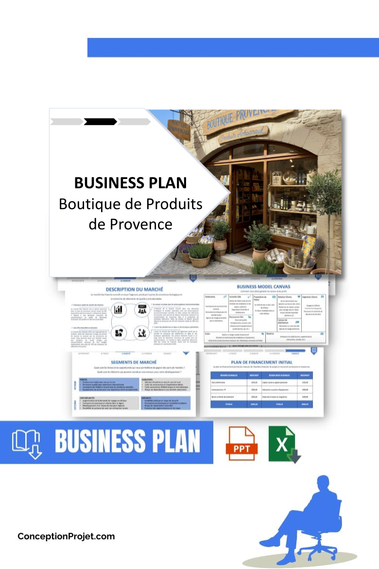 Pack Business Plan pour Boutique de Produits de Provence - Modèle de business plan professionnel pour Boutique de Produits de Provence, spécialement conçu pour les entrepreneurs, incluant un prévisionnel financier 100% automatisé, une stratégie marketing intégrée, ainsi qu’une analyse complète (SWOT, Business Model Canvas, étude de marché et analyse des risques). Ce document au design moderne et entièrement personnalisable sous Word est structuré pour répondre aux exigences des banques et des investisseurs, tout en permettant un gain de temps considérable grâce à son contenu pré-rédigé.