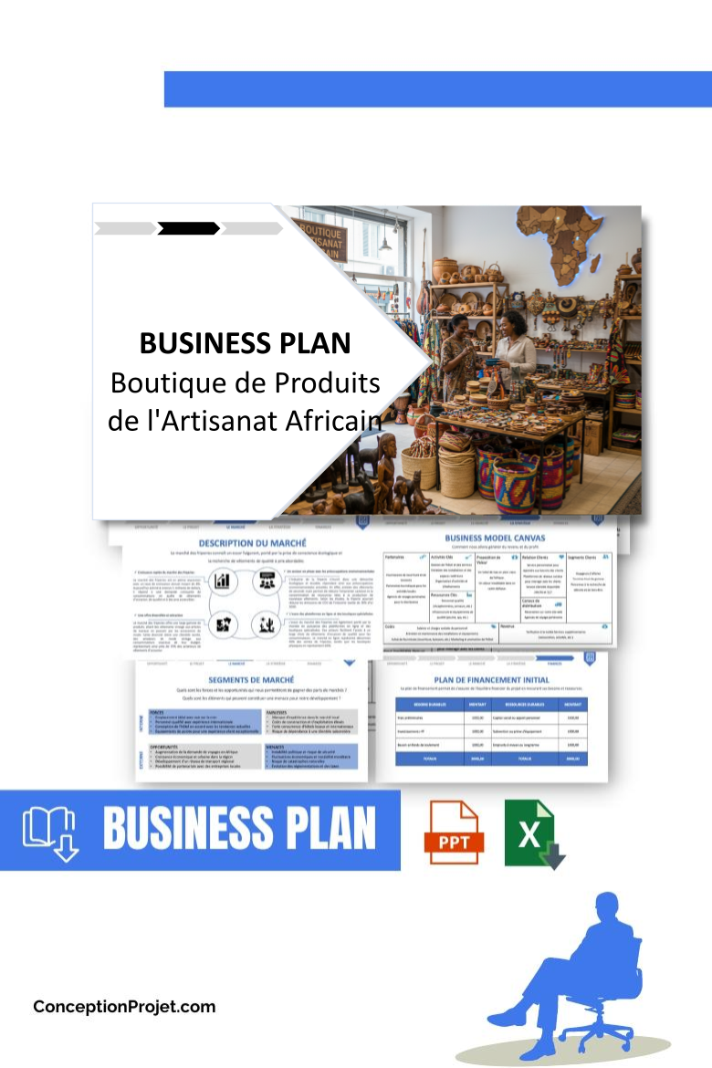Pack Business Plan pour Boutique de Produits de l'Artisanat Africain - Modèle de business plan professionnel pour Boutique de Produits de l'Artisanat Africain, spécialement conçu pour les entrepreneurs, incluant un prévisionnel financier 100% automatisé, une stratégie marketing intégrée, ainsi qu’une analyse complète (SWOT, Business Model Canvas, étude de marché et analyse des risques). Ce document au design moderne et entièrement personnalisable sous Word est structuré pour répondre aux exigences des banques et des investisseurs, tout en permettant un gain de temps considérable grâce à son contenu pré-rédigé.