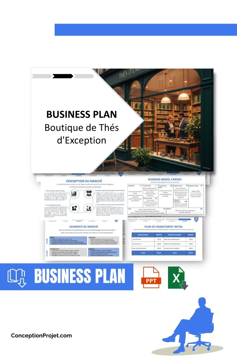 Pack Business Plan pour Boutique de Thés d'Exception - Modèle de business plan professionnel pour Boutique de Thés d'Exception, spécialement conçu pour les entrepreneurs, incluant un prévisionnel financier 100% automatisé, une stratégie marketing intégrée, ainsi qu’une analyse complète (SWOT, Business Model Canvas, étude de marché et analyse des risques). Ce document au design moderne et entièrement personnalisable sous Word est structuré pour répondre aux exigences des banques et des investisseurs, tout en permettant un gain de temps considérable grâce à son contenu pré-rédigé.