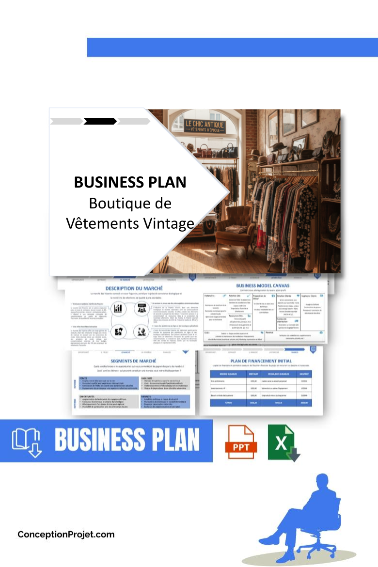 Pack Business Plan pour Boutique de Vêtements Vintage - Modèle de business plan professionnel pour Boutique de Vêtements Vintage, spécialement conçu pour les entrepreneurs, incluant un prévisionnel financier 100% automatisé, une stratégie marketing intégrée, ainsi qu’une analyse complète (SWOT, Business Model Canvas, étude de marché et analyse des risques). Ce document au design moderne et entièrement personnalisable sous Word est structuré pour répondre aux exigences des banques et des investisseurs, tout en permettant un gain de temps considérable grâce à son contenu pré-rédigé.