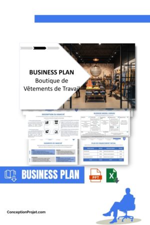 Pack Business Plan pour Boutique de Vêtements de Travail - Modèle de business plan professionnel pour Boutique de Vêtements de Travail, spécialement conçu pour les entrepreneurs, incluant un prévisionnel financier 100% automatisé, une stratégie marketing intégrée, ainsi qu’une analyse complète (SWOT, Business Model Canvas, étude de marché et analyse des risques). Ce document au design moderne et entièrement personnalisable sous Word est structuré pour répondre aux exigences des banques et des investisseurs, tout en permettant un gain de temps considérable grâce à son contenu pré-rédigé.