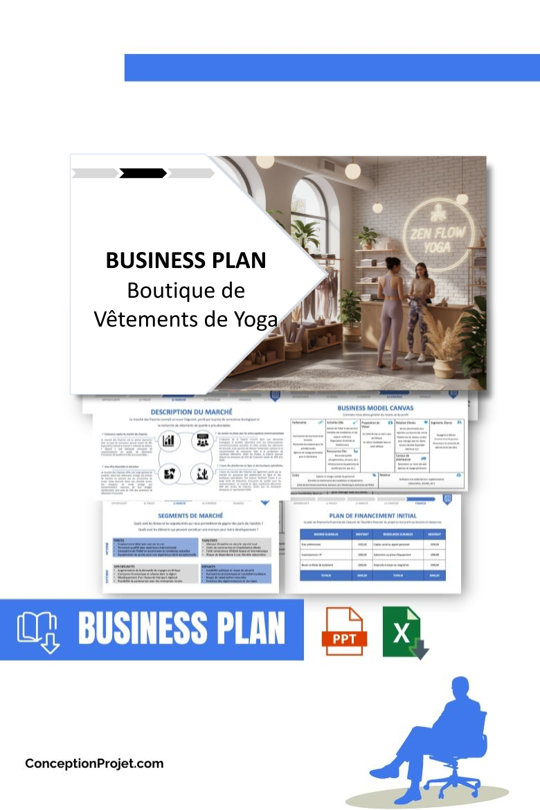 Pack Business Plan pour Boutique de Vêtements de Yoga - Modèle de business plan professionnel pour Boutique de Vêtements de Yoga, spécialement conçu pour les entrepreneurs, incluant un prévisionnel financier 100% automatisé, une stratégie marketing intégrée, ainsi qu’une analyse complète (SWOT, Business Model Canvas, étude de marché et analyse des risques). Ce document au design moderne et entièrement personnalisable sous Word est structuré pour répondre aux exigences des banques et des investisseurs, tout en permettant un gain de temps considérable grâce à son contenu pré-rédigé.