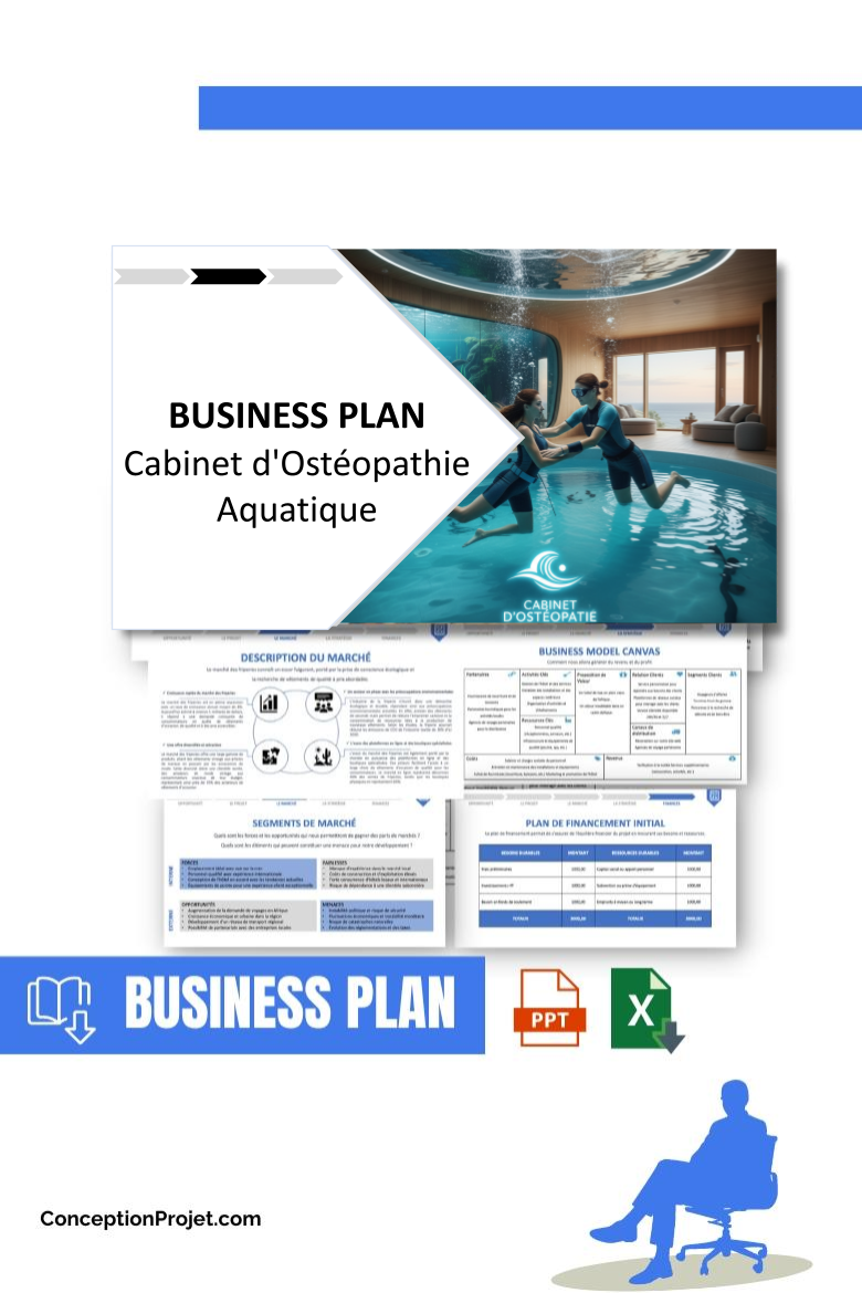 Pack Business Plan pour Cabinet d'Ostéopathie Aquatique - Modèle de business plan professionnel pour Cabinet d'Ostéopathie Aquatique, spécialement conçu pour les entrepreneurs, incluant un prévisionnel financier 100% automatisé, une stratégie marketing intégrée, ainsi qu’une analyse complète (SWOT, Business Model Canvas, étude de marché et analyse des risques). Ce document au design moderne et entièrement personnalisable sous Word est structuré pour répondre aux exigences des banques et des investisseurs, tout en permettant un gain de temps considérable grâce à son contenu pré-rédigé.