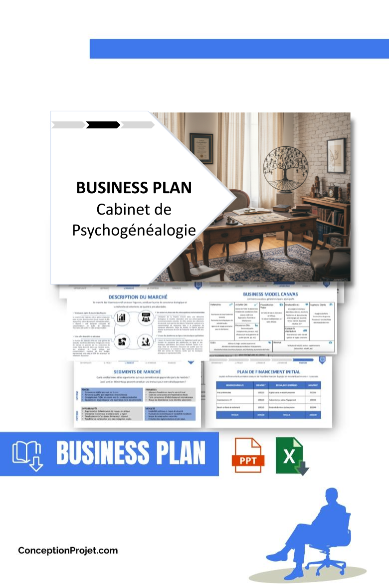 Pack Business Plan Cabinet de PsychogĂ©nĂ©alogie 2026 1 Pack Business Plan pour Cabinet de PsychogĂ©nĂ©alogie - ModĂšle de business plan professionnel pour Cabinet de PsychogĂ©nĂ©alogie, spĂ©cialement conçu pour les entrepreneurs, incluant un prĂ©visionnel financier 100% automatisĂ©, une stratĂ©gie marketing intĂ©grĂ©e, ainsi quâune analyse complĂšte (SWOT, Business Model Canvas, Ă©tude de marchĂ© et analyse des risques). Ce document au design moderne et entiĂšrement personnalisable sous Word est structurĂ© pour rĂ©pondre aux exigences des banques et des investisseurs, tout en permettant un gain de temps considĂ©rable grĂące Ă son contenu prĂ©-rĂ©digĂ©.