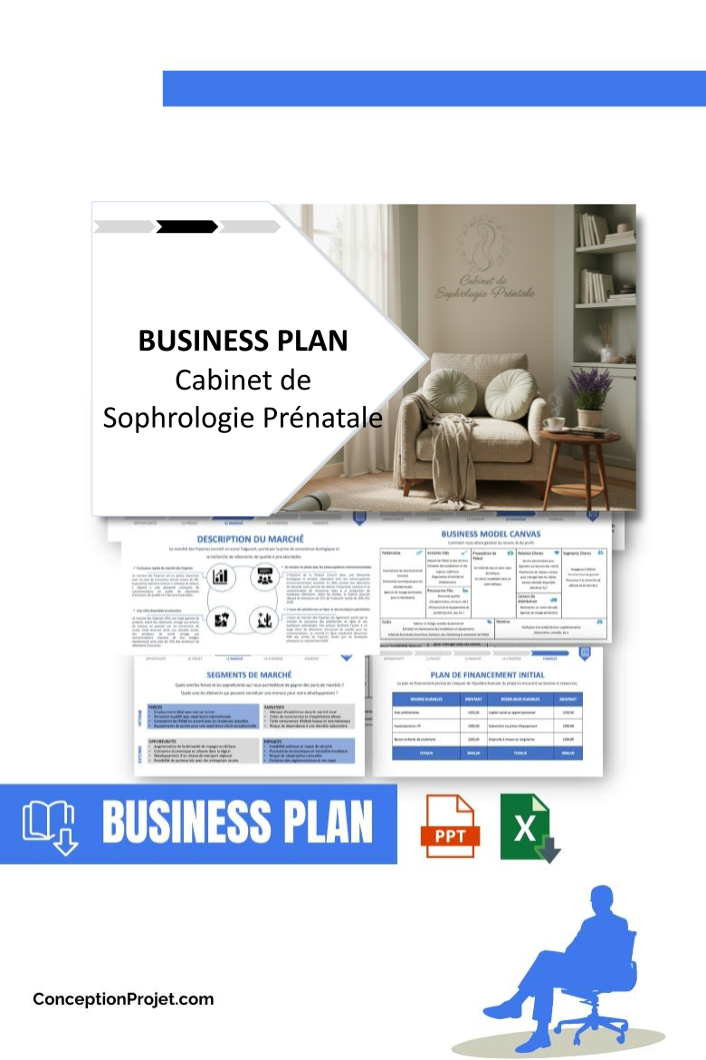 Pack Business Plan pour Cabinet de Sophrologie Prénatale - Modèle de business plan professionnel pour Cabinet de Sophrologie Prénatale, spécialement conçu pour les entrepreneurs, incluant un prévisionnel financier 100% automatisé, une stratégie marketing intégrée, ainsi qu’une analyse complète (SWOT, Business Model Canvas, étude de marché et analyse des risques). Ce document au design moderne et entièrement personnalisable sous Word est structuré pour répondre aux exigences des banques et des investisseurs, tout en permettant un gain de temps considérable grâce à son contenu pré-rédigé.