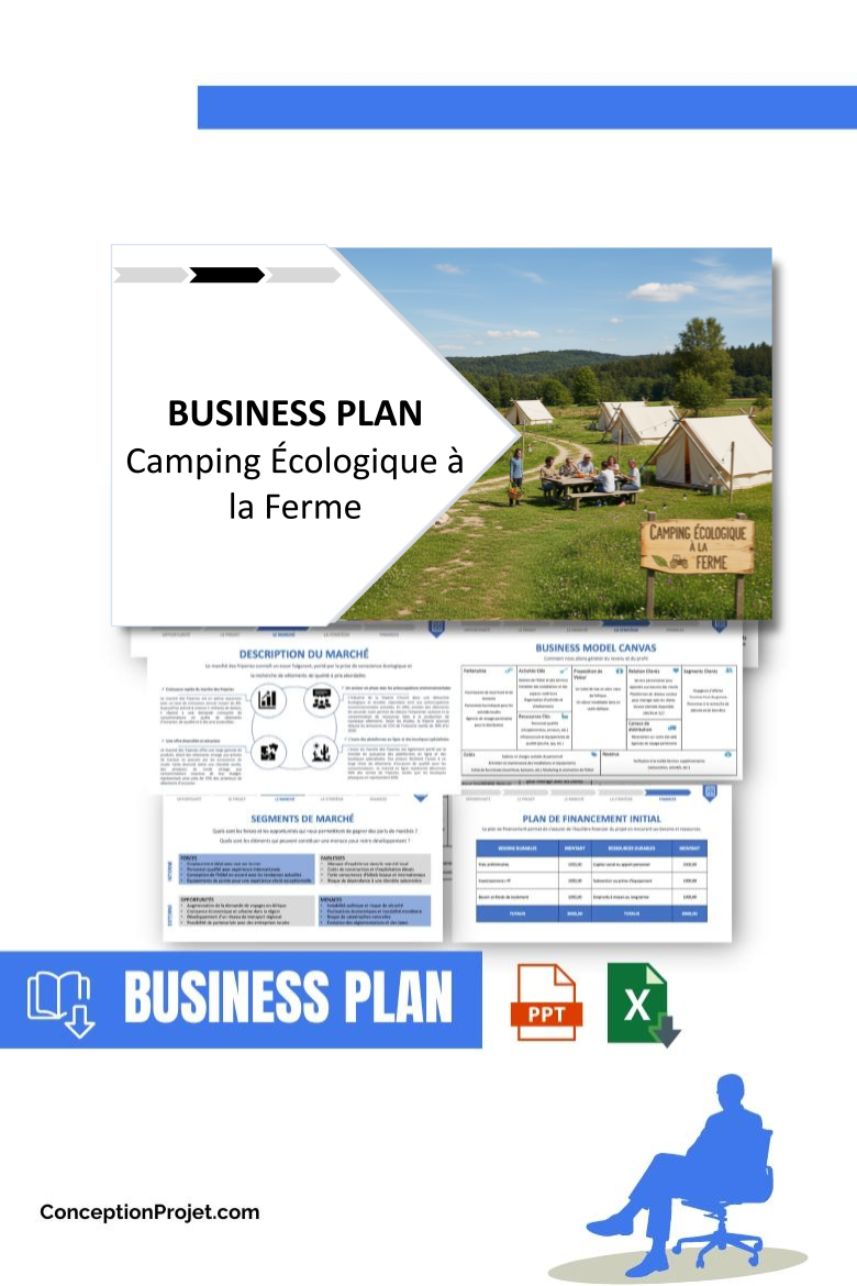 Pack Business Plan pour Camping Écologique à la Ferme - Modèle de business plan professionnel pour Camping Écologique à la Ferme, spécialement conçu pour les entrepreneurs, incluant un prévisionnel financier 100% automatisé, une stratégie marketing intégrée, ainsi qu’une analyse complète (SWOT, Business Model Canvas, étude de marché et analyse des risques). Ce document au design moderne et entièrement personnalisable sous Word est structuré pour répondre aux exigences des banques et des investisseurs, tout en permettant un gain de temps considérable grâce à son contenu pré-rédigé.