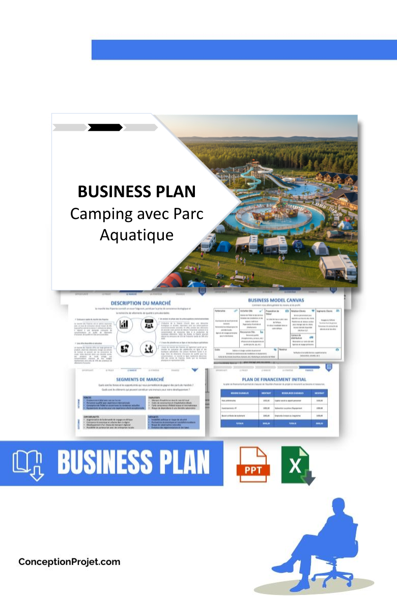 Pack Business Plan pour Camping avec Parc Aquatique - Modèle de business plan professionnel pour Camping avec Parc Aquatique, spécialement conçu pour les entrepreneurs, incluant un prévisionnel financier 100% automatisé, une stratégie marketing intégrée, ainsi qu’une analyse complète (SWOT, Business Model Canvas, étude de marché et analyse des risques). Ce document au design moderne et entièrement personnalisable sous Word est structuré pour répondre aux exigences des banques et des investisseurs, tout en permettant un gain de temps considérable grâce à son contenu pré-rédigé.