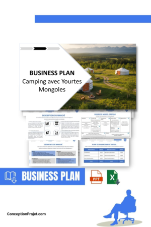 Pack Business Plan pour Camping avec Yourtes Mongoles - Modèle de business plan professionnel pour Camping avec Yourtes Mongoles, spécialement conçu pour les entrepreneurs, incluant un prévisionnel financier 100% automatisé, une stratégie marketing intégrée, ainsi qu’une analyse complète (SWOT, Business Model Canvas, étude de marché et analyse des risques). Ce document au design moderne et entièrement personnalisable sous Word est structuré pour répondre aux exigences des banques et des investisseurs, tout en permettant un gain de temps considérable grâce à son contenu pré-rédigé.