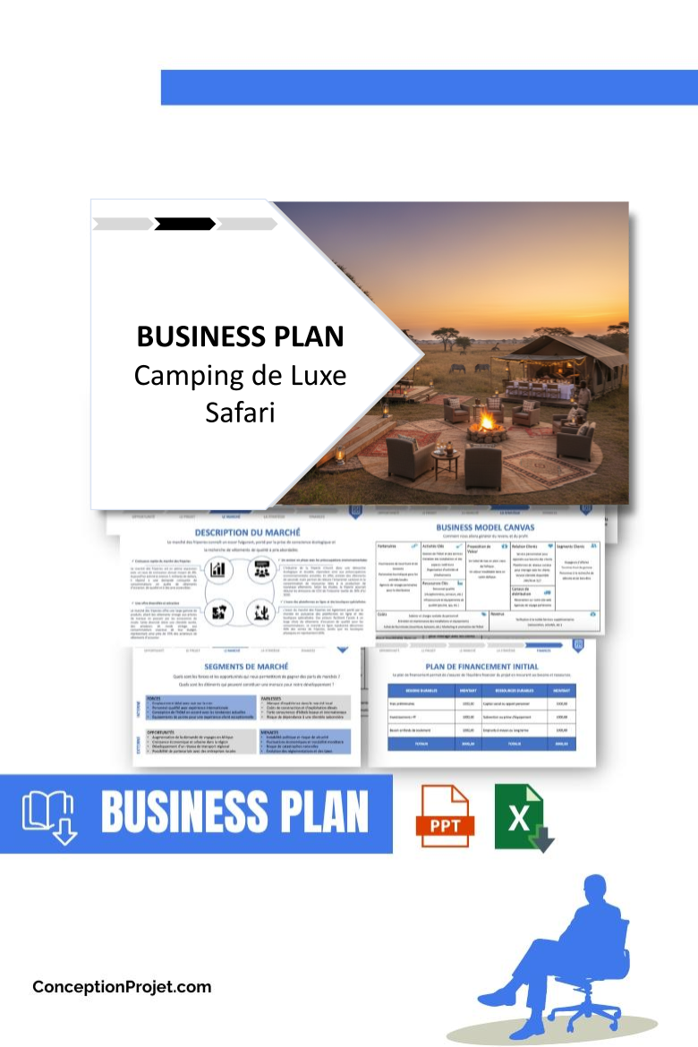 Pack Business Plan Camping de Luxe Safari 2026 1 Pack Business Plan pour Camping de Luxe Safari - ModĂšle de business plan professionnel pour Camping de Luxe Safari, spĂ©cialement conçu pour les entrepreneurs, incluant un prĂ©visionnel financier 100% automatisĂ©, une stratĂ©gie marketing intĂ©grĂ©e, ainsi quâune analyse complĂšte (SWOT, Business Model Canvas, Ă©tude de marchĂ© et analyse des risques). Ce document au design moderne et entiĂšrement personnalisable sous Word est structurĂ© pour rĂ©pondre aux exigences des banques et des investisseurs, tout en permettant un gain de temps considĂ©rable grĂące Ă son contenu prĂ©-rĂ©digĂ©.
