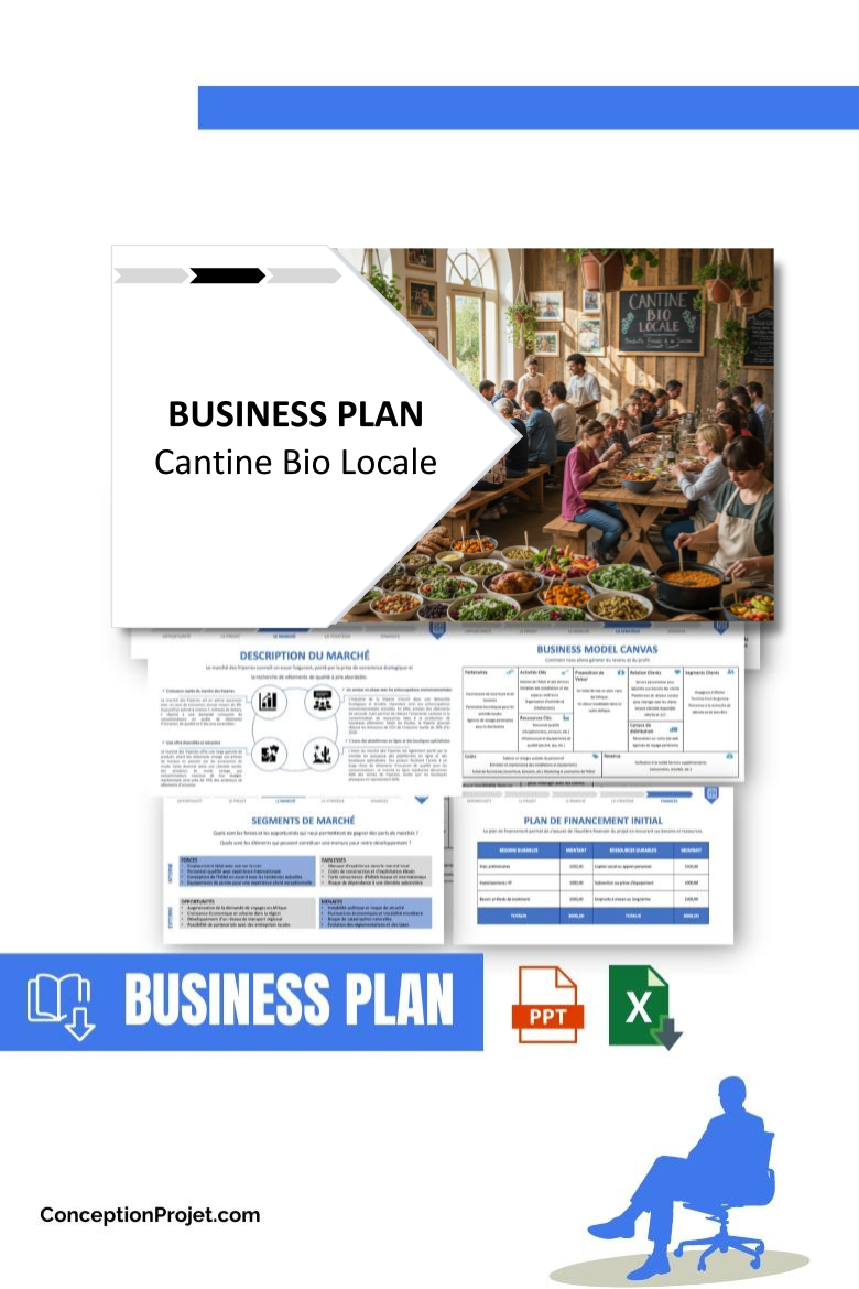 Pack Business Plan pour Cantine Bio Locale - Modèle de business plan professionnel pour Cantine Bio Locale, spécialement conçu pour les entrepreneurs, incluant un prévisionnel financier 100% automatisé, une stratégie marketing intégrée, ainsi qu’une analyse complète (SWOT, Business Model Canvas, étude de marché et analyse des risques). Ce document au design moderne et entièrement personnalisable sous Word est structuré pour répondre aux exigences des banques et des investisseurs, tout en permettant un gain de temps considérable grâce à son contenu pré-rédigé.