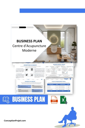 Pack Business Plan pour Centre d'Acupuncture Moderne - Modèle de business plan professionnel pour Centre d'Acupuncture Moderne, spécialement conçu pour les entrepreneurs, incluant un prévisionnel financier 100% automatisé, une stratégie marketing intégrée, ainsi qu’une analyse complète (SWOT, Business Model Canvas, étude de marché et analyse des risques). Ce document au design moderne et entièrement personnalisable sous Word est structuré pour répondre aux exigences des banques et des investisseurs, tout en permettant un gain de temps considérable grâce à son contenu pré-rédigé.