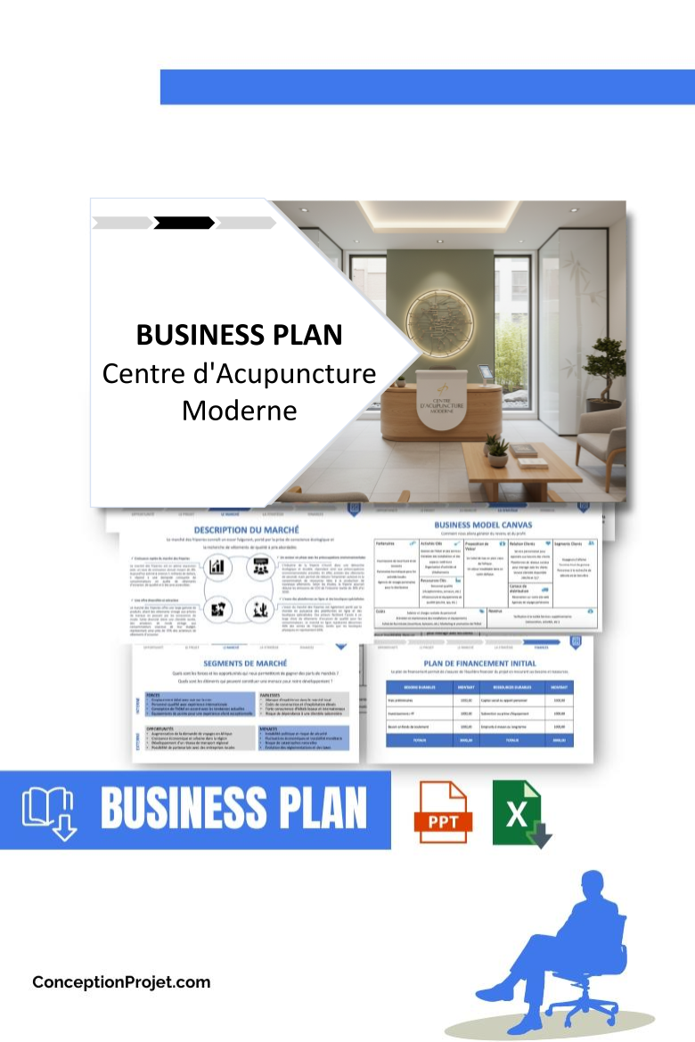 Pack Business Plan pour Centre d'Acupuncture Moderne - Modèle de business plan professionnel pour Centre d'Acupuncture Moderne, spécialement conçu pour les entrepreneurs, incluant un prévisionnel financier 100% automatisé, une stratégie marketing intégrée, ainsi qu’une analyse complète (SWOT, Business Model Canvas, étude de marché et analyse des risques). Ce document au design moderne et entièrement personnalisable sous Word est structuré pour répondre aux exigences des banques et des investisseurs, tout en permettant un gain de temps considérable grâce à son contenu pré-rédigé.
