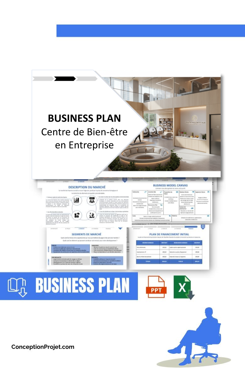 Pack Business Plan pour Centre de Bien-être en Entreprise - Modèle de business plan professionnel pour Centre de Bien-être en Entreprise, spécialement conçu pour les entrepreneurs, incluant un prévisionnel financier 100% automatisé, une stratégie marketing intégrée, ainsi qu’une analyse complète (SWOT, Business Model Canvas, étude de marché et analyse des risques). Ce document au design moderne et entièrement personnalisable sous Word est structuré pour répondre aux exigences des banques et des investisseurs, tout en permettant un gain de temps considérable grâce à son contenu pré-rédigé.