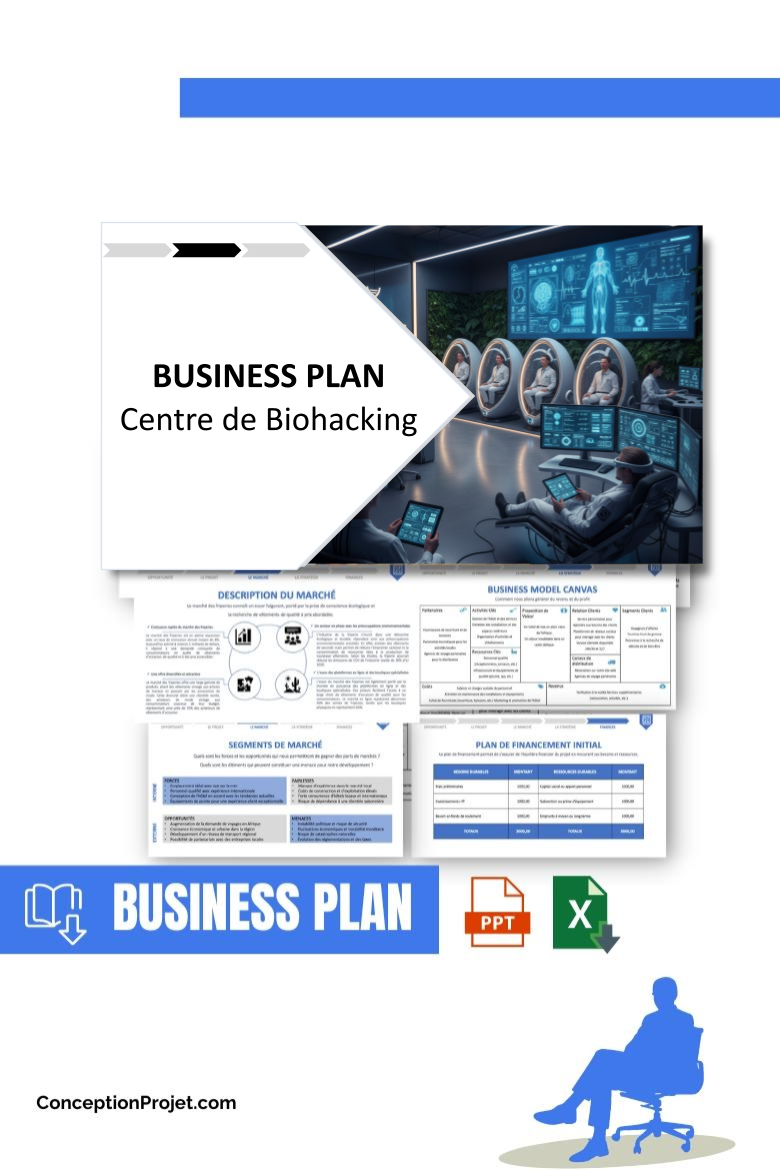 Pack Business Plan pour Centre de Biohacking - Modèle de business plan professionnel pour Centre de Biohacking, spécialement conçu pour les entrepreneurs, incluant un prévisionnel financier 100% automatisé, une stratégie marketing intégrée, ainsi qu’une analyse complète (SWOT, Business Model Canvas, étude de marché et analyse des risques). Ce document au design moderne et entièrement personnalisable sous Word est structuré pour répondre aux exigences des banques et des investisseurs, tout en permettant un gain de temps considérable grâce à son contenu pré-rédigé.