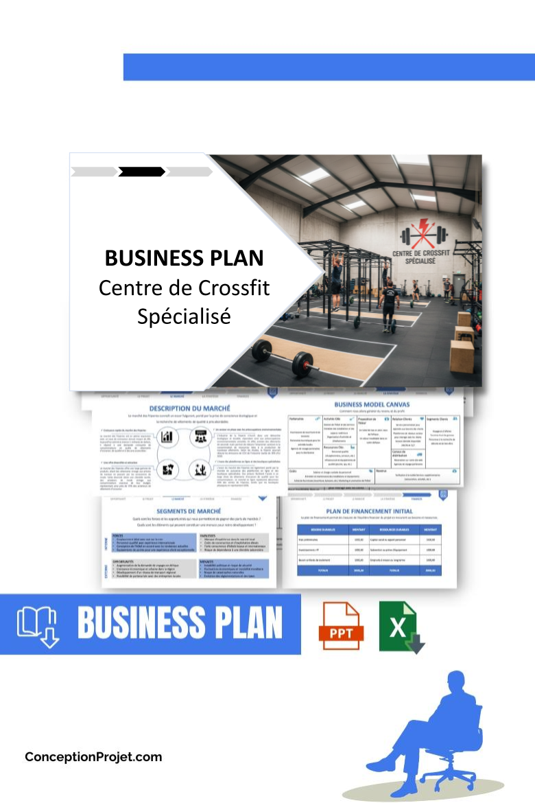 Pack Business Plan pour Centre de Crossfit Spécialisé - Modèle de business plan professionnel pour Centre de Crossfit Spécialisé, spécialement conçu pour les entrepreneurs, incluant un prévisionnel financier 100% automatisé, une stratégie marketing intégrée, ainsi qu’une analyse complète (SWOT, Business Model Canvas, étude de marché et analyse des risques). Ce document au design moderne et entièrement personnalisable sous Word est structuré pour répondre aux exigences des banques et des investisseurs, tout en permettant un gain de temps considérable grâce à son contenu pré-rédigé.