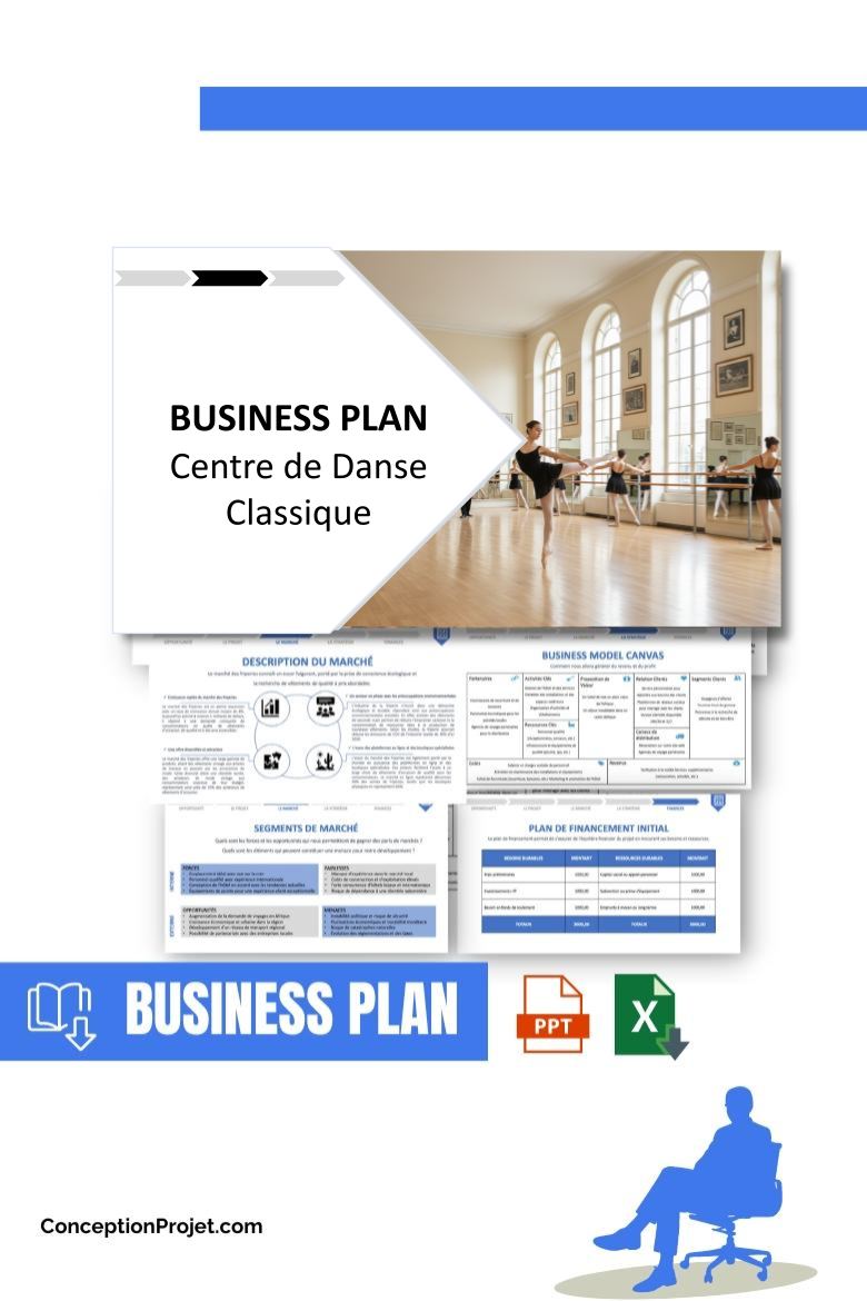 Pack Business Plan pour Centre de Danse Classique - Modèle de business plan professionnel pour Centre de Danse Classique, spécialement conçu pour les entrepreneurs, incluant un prévisionnel financier 100% automatisé, une stratégie marketing intégrée, ainsi qu’une analyse complète (SWOT, Business Model Canvas, étude de marché et analyse des risques). Ce document au design moderne et entièrement personnalisable sous Word est structuré pour répondre aux exigences des banques et des investisseurs, tout en permettant un gain de temps considérable grâce à son contenu pré-rédigé.