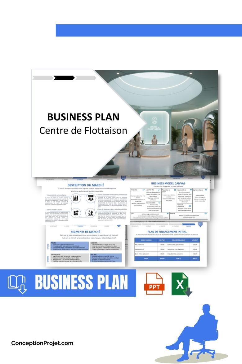 Pack Business Plan pour Centre de Flottaison - Modèle de business plan professionnel pour Centre de Flottaison, spécialement conçu pour les entrepreneurs, incluant un prévisionnel financier 100% automatisé, une stratégie marketing intégrée, ainsi qu’une analyse complète (SWOT, Business Model Canvas, étude de marché et analyse des risques). Ce document au design moderne et entièrement personnalisable sous Word est structuré pour répondre aux exigences des banques et des investisseurs, tout en permettant un gain de temps considérable grâce à son contenu pré-rédigé.