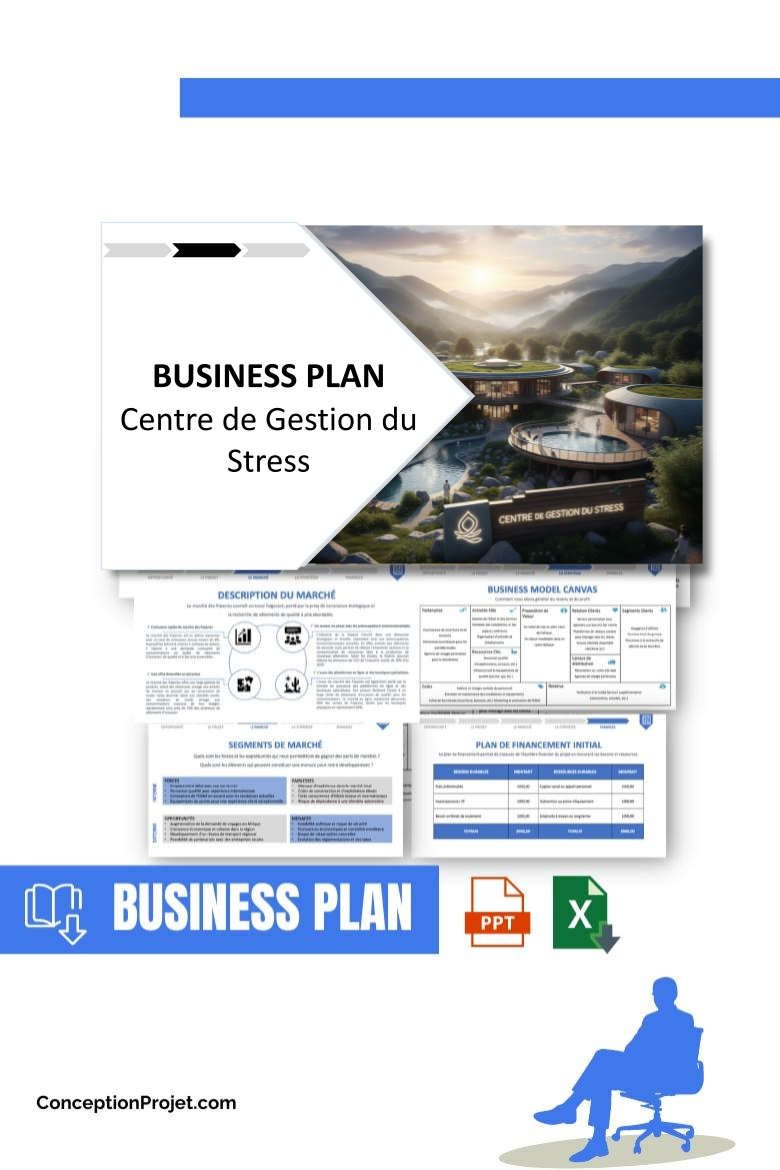 Pack Business Plan pour Centre de Gestion du Stress - Modèle de business plan professionnel pour Centre de Gestion du Stress, spécialement conçu pour les entrepreneurs, incluant un prévisionnel financier 100% automatisé, une stratégie marketing intégrée, ainsi qu’une analyse complète (SWOT, Business Model Canvas, étude de marché et analyse des risques). Ce document au design moderne et entièrement personnalisable sous Word est structuré pour répondre aux exigences des banques et des investisseurs, tout en permettant un gain de temps considérable grâce à son contenu pré-rédigé.