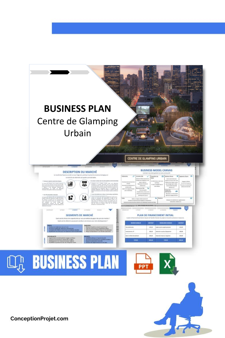 Pack Business Plan pour Centre de Glamping Urbain - Modèle de business plan professionnel pour Centre de Glamping Urbain, spécialement conçu pour les entrepreneurs, incluant un prévisionnel financier 100% automatisé, une stratégie marketing intégrée, ainsi qu’une analyse complète (SWOT, Business Model Canvas, étude de marché et analyse des risques). Ce document au design moderne et entièrement personnalisable sous Word est structuré pour répondre aux exigences des banques et des investisseurs, tout en permettant un gain de temps considérable grâce à son contenu pré-rédigé.