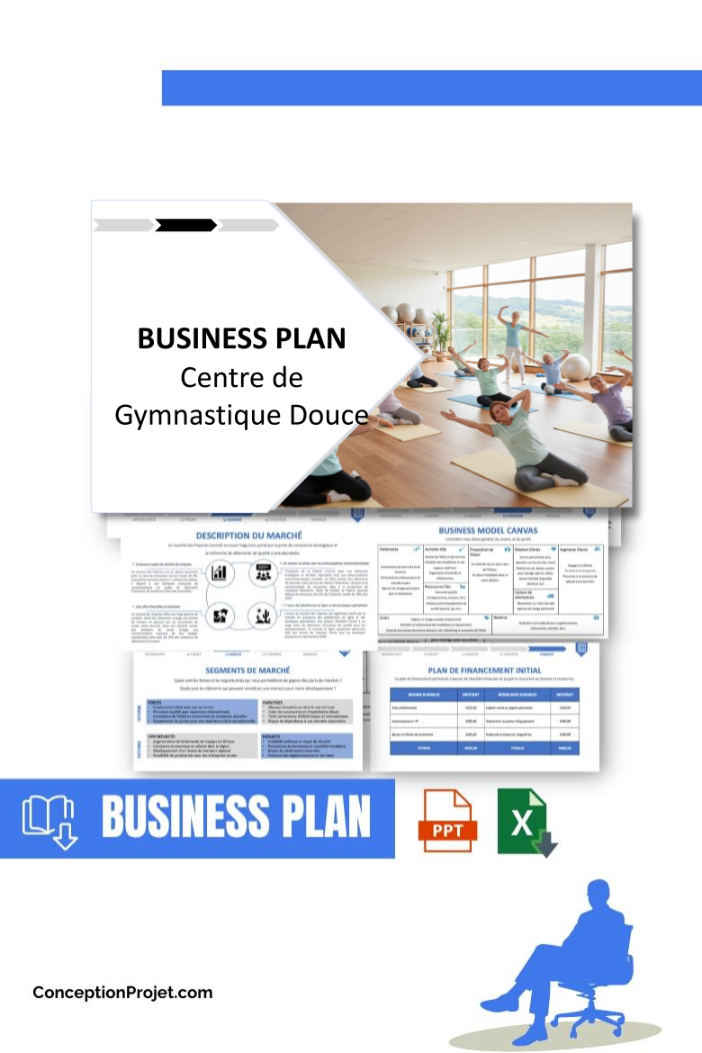 Pack Business Plan pour Centre de Gymnastique Douce - Modèle de business plan professionnel pour Centre de Gymnastique Douce, spécialement conçu pour les entrepreneurs, incluant un prévisionnel financier 100% automatisé, une stratégie marketing intégrée, ainsi qu’une analyse complète (SWOT, Business Model Canvas, étude de marché et analyse des risques). Ce document au design moderne et entièrement personnalisable sous Word est structuré pour répondre aux exigences des banques et des investisseurs, tout en permettant un gain de temps considérable grâce à son contenu pré-rédigé.