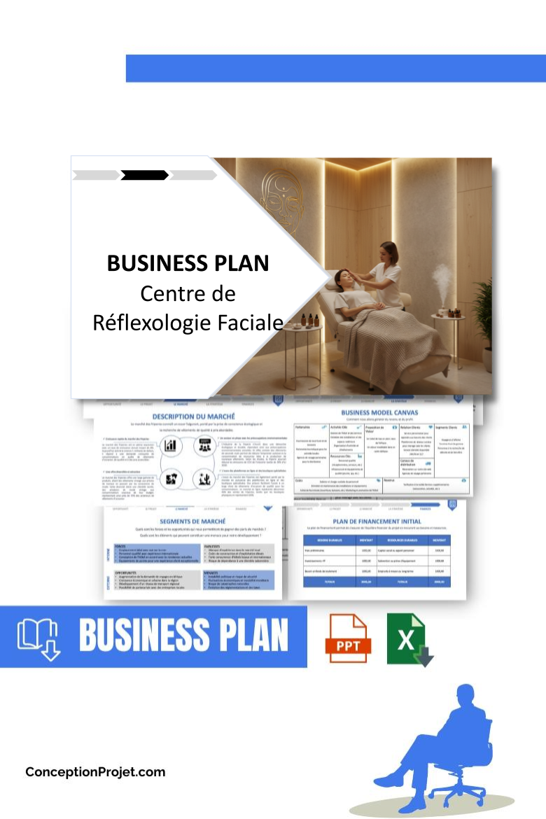 Pack Business Plan pour Centre de Réflexologie Faciale - Modèle de business plan professionnel pour Centre de Réflexologie Faciale, spécialement conçu pour les entrepreneurs, incluant un prévisionnel financier 100% automatisé, une stratégie marketing intégrée, ainsi qu’une analyse complète (SWOT, Business Model Canvas, étude de marché et analyse des risques). Ce document au design moderne et entièrement personnalisable sous Word est structuré pour répondre aux exigences des banques et des investisseurs, tout en permettant un gain de temps considérable grâce à son contenu pré-rédigé.