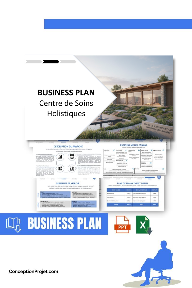 Pack Business Plan pour Centre de Soins Holistiques - Modèle de business plan professionnel pour Centre de Soins Holistiques, spécialement conçu pour les entrepreneurs, incluant un prévisionnel financier 100% automatisé, une stratégie marketing intégrée, ainsi qu’une analyse complète (SWOT, Business Model Canvas, étude de marché et analyse des risques). Ce document au design moderne et entièrement personnalisable sous Word est structuré pour répondre aux exigences des banques et des investisseurs, tout en permettant un gain de temps considérable grâce à son contenu pré-rédigé.