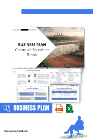 Accueil 4 Pack Business Plan pour Centre de Squash et Tennis - Modèle de business plan professionnel pour Centre de Squash et Tennis, spécialement conçu pour les entrepreneurs, incluant un prévisionnel financier 100% automatisé, une stratégie marketing intégrée, ainsi qu’une analyse complète (SWOT, Business Model Canvas, étude de marché et analyse des risques). Ce document au design moderne et entièrement personnalisable sous Word est structuré pour répondre aux exigences des banques et des investisseurs, tout en permettant un gain de temps considérable grâce à son contenu pré-rédigé.