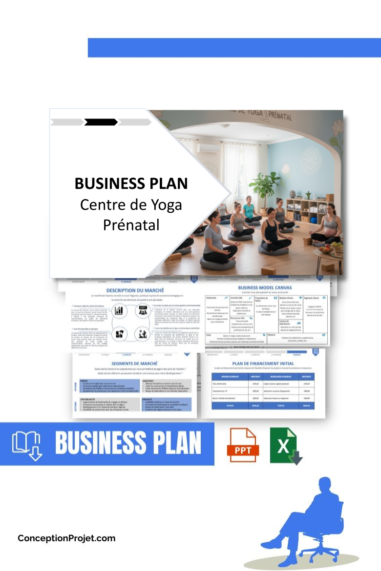 Pack Business Plan pour Centre de Yoga Prénatal - Modèle de business plan professionnel pour Centre de Yoga Prénatal, spécialement conçu pour les entrepreneurs, incluant un prévisionnel financier 100% automatisé, une stratégie marketing intégrée, ainsi qu’une analyse complète (SWOT, Business Model Canvas, étude de marché et analyse des risques). Ce document au design moderne et entièrement personnalisable sous Word est structuré pour répondre aux exigences des banques et des investisseurs, tout en permettant un gain de temps considérable grâce à son contenu pré-rédigé.