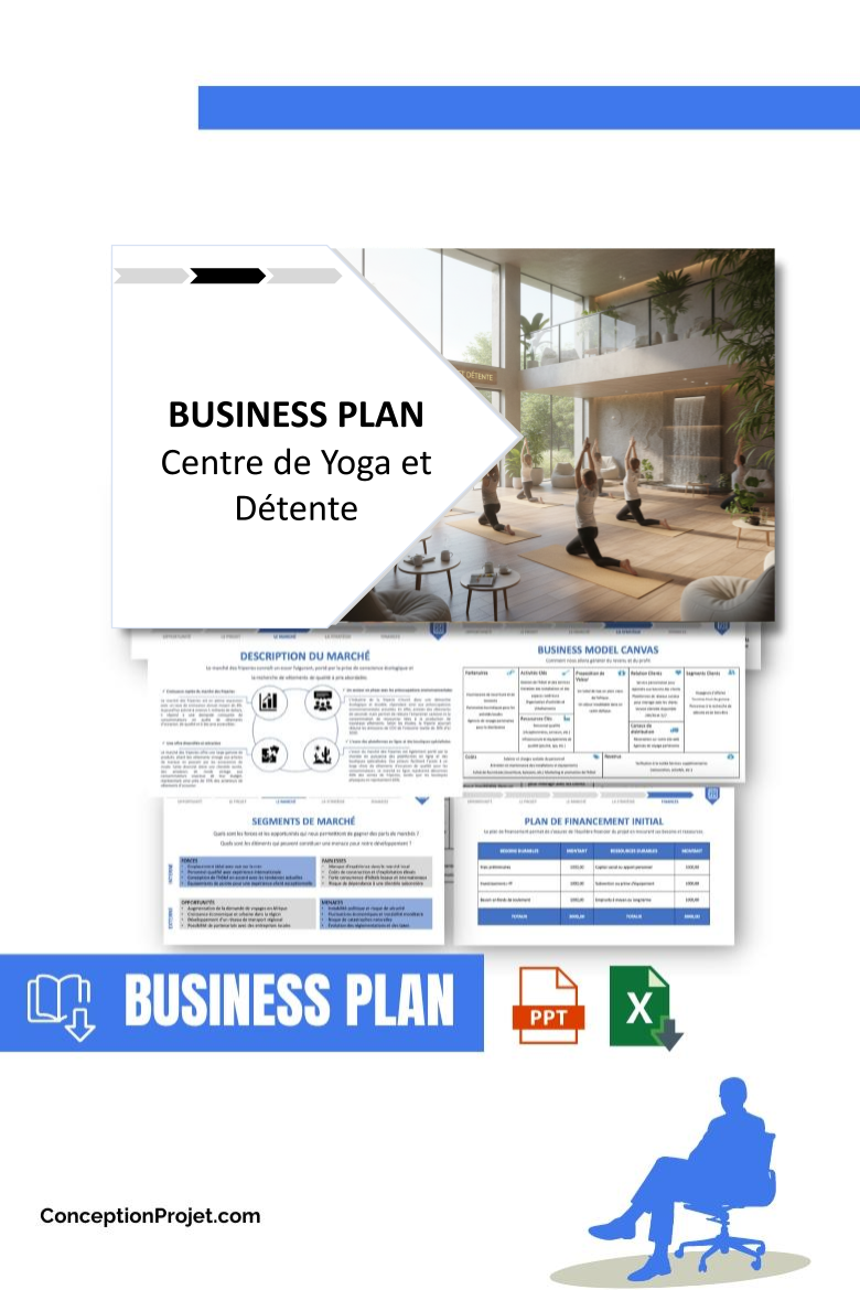 Pack Business Plan pour Centre de Yoga et Détente - Modèle de business plan professionnel pour Centre de Yoga et Détente, spécialement conçu pour les entrepreneurs, incluant un prévisionnel financier 100% automatisé, une stratégie marketing intégrée, ainsi qu’une analyse complète (SWOT, Business Model Canvas, étude de marché et analyse des risques). Ce document au design moderne et entièrement personnalisable sous Word est structuré pour répondre aux exigences des banques et des investisseurs, tout en permettant un gain de temps considérable grâce à son contenu pré-rédigé.