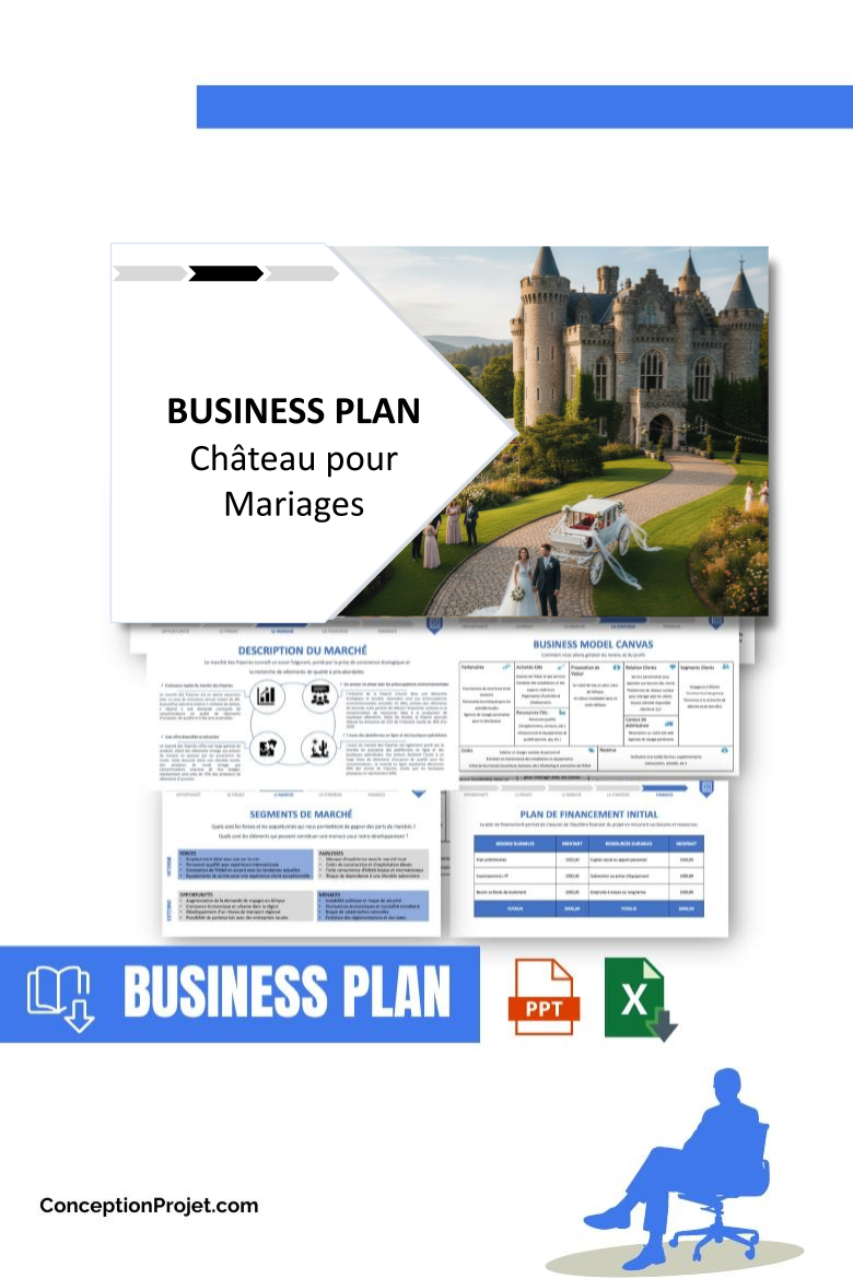 Pack Business Plan Château pour Mariages 2026 1 Pack Business Plan pour Château pour Mariages - Modèle de business plan professionnel pour Château pour Mariages, spécialement conçu pour les entrepreneurs, incluant un prévisionnel financier 100% automatisé, une stratégie marketing intégrée, ainsi qu’une analyse complète (SWOT, Business Model Canvas, étude de marché et analyse des risques). Ce document au design moderne et entièrement personnalisable sous Word est structuré pour répondre aux exigences des banques et des investisseurs, tout en permettant un gain de temps considérable grâce à son contenu pré-rédigé.