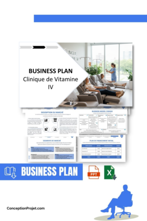 Pack Business Plan pour Clinique de Vitamine IV - Modèle de business plan professionnel pour Clinique de Vitamine IV, spécialement conçu pour les entrepreneurs, incluant un prévisionnel financier 100% automatisé, une stratégie marketing intégrée, ainsi qu’une analyse complète (SWOT, Business Model Canvas, étude de marché et analyse des risques). Ce document au design moderne et entièrement personnalisable sous Word est structuré pour répondre aux exigences des banques et des investisseurs, tout en permettant un gain de temps considérable grâce à son contenu pré-rédigé.