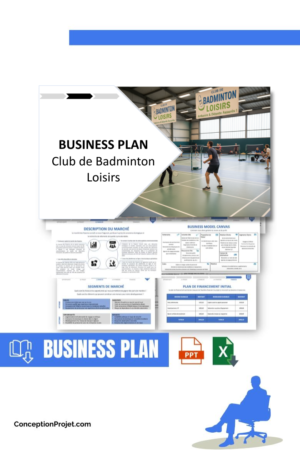 Pack Business Plan pour Club de Badminton Loisirs - Modèle de business plan professionnel pour Club de Badminton Loisirs, spécialement conçu pour les entrepreneurs, incluant un prévisionnel financier 100% automatisé, une stratégie marketing intégrée, ainsi qu’une analyse complète (SWOT, Business Model Canvas, étude de marché et analyse des risques). Ce document au design moderne et entièrement personnalisable sous Word est structuré pour répondre aux exigences des banques et des investisseurs, tout en permettant un gain de temps considérable grâce à son contenu pré-rédigé.