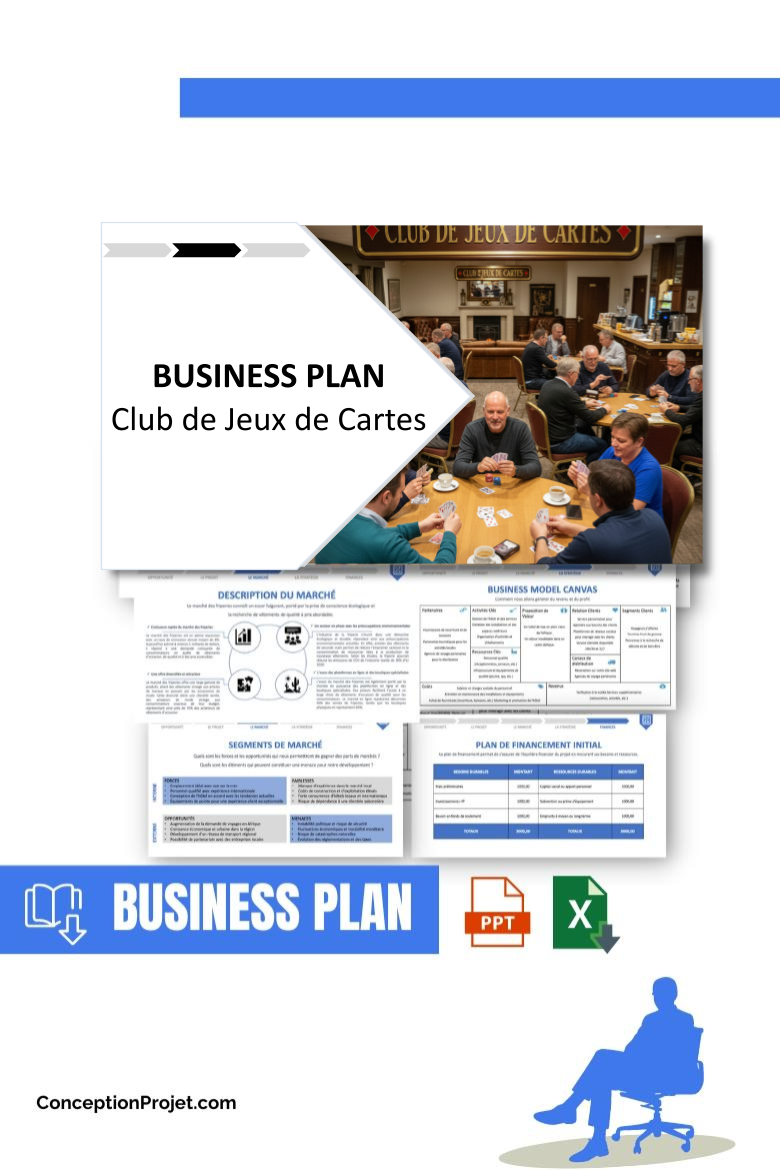 Pack Business Plan pour Club de Jeux de Cartes - Modèle de business plan professionnel pour Club de Jeux de Cartes, spécialement conçu pour les entrepreneurs, incluant un prévisionnel financier 100% automatisé, une stratégie marketing intégrée, ainsi qu’une analyse complète (SWOT, Business Model Canvas, étude de marché et analyse des risques). Ce document au design moderne et entièrement personnalisable sous Word est structuré pour répondre aux exigences des banques et des investisseurs, tout en permettant un gain de temps considérable grâce à son contenu pré-rédigé.